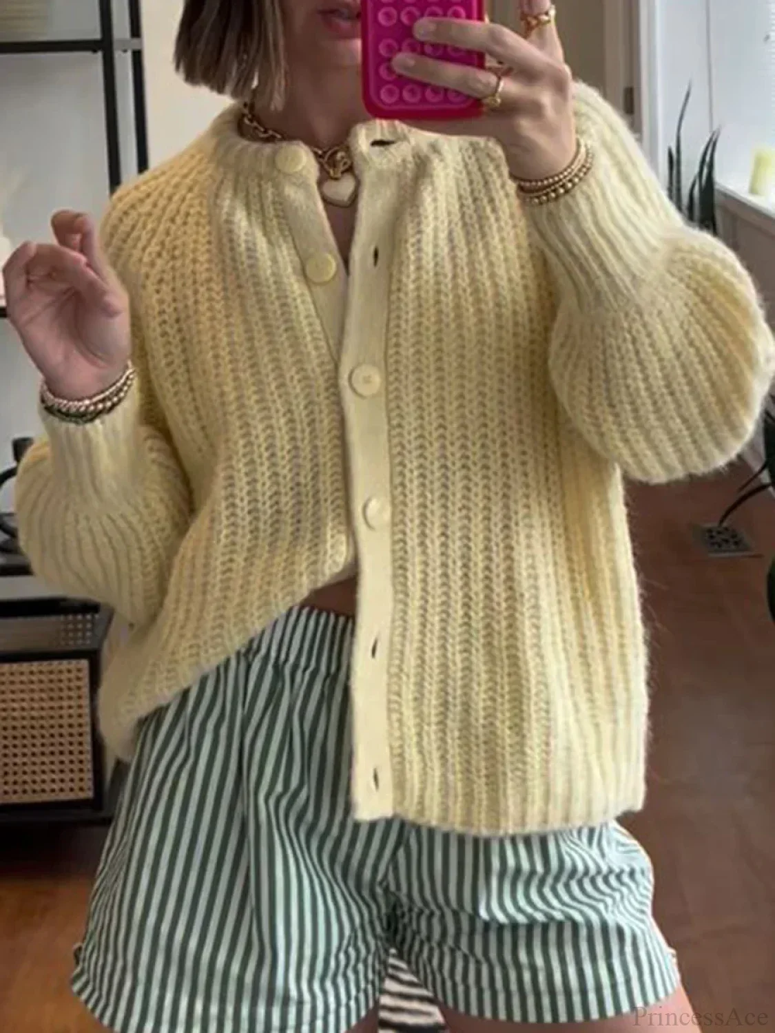 Loose Solid Crew Neck Button Cardigan - Image 7