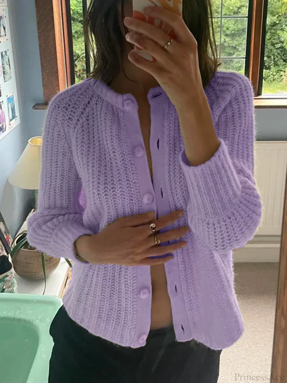 Loose Solid Crew Neck Button Cardigan - Image 8