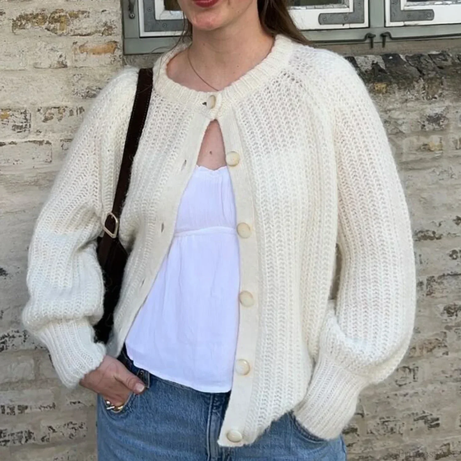 Loose Solid Crew Neck Button Cardigan - Image 9