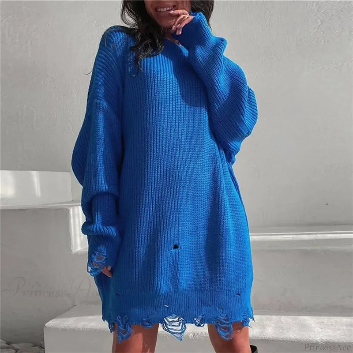 Loose Solid Ripped Round Neck Sweater - Image 10