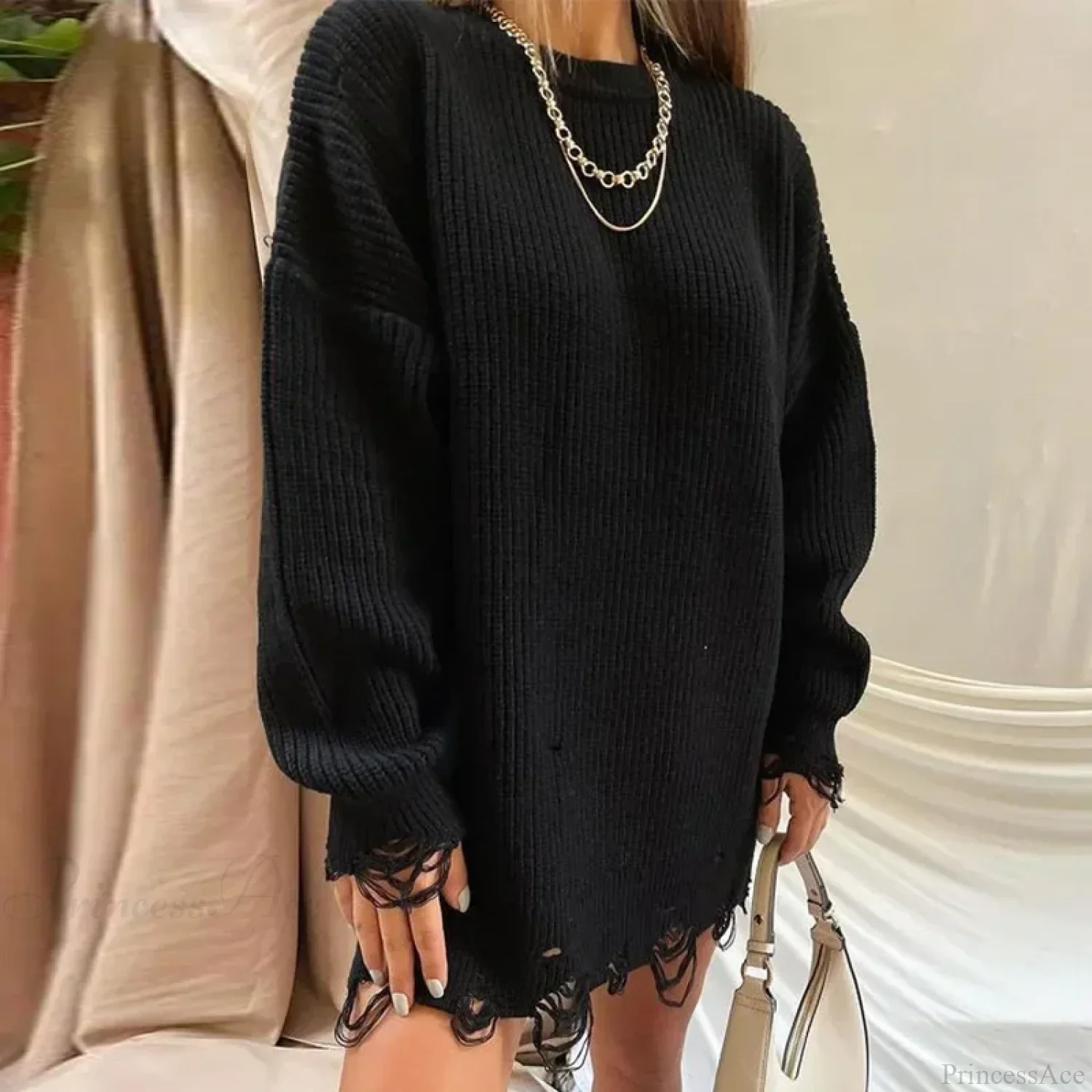 Loose Solid Ripped Round Neck Sweater - Image 6