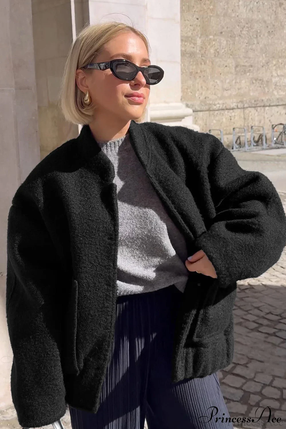 Loose Stand Collar Textured Wool Casual Coat
