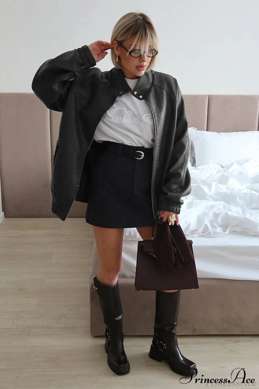 Loose Stand Collar Zipper Textured PU Leather Coat - Image 4