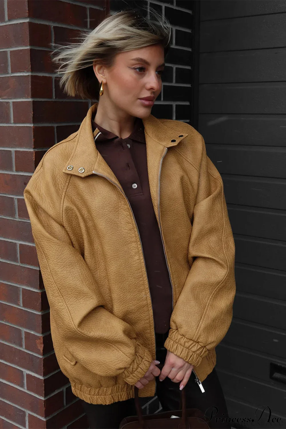 Loose Stand Collar Zipper Textured PU Leather Coat - Image 5