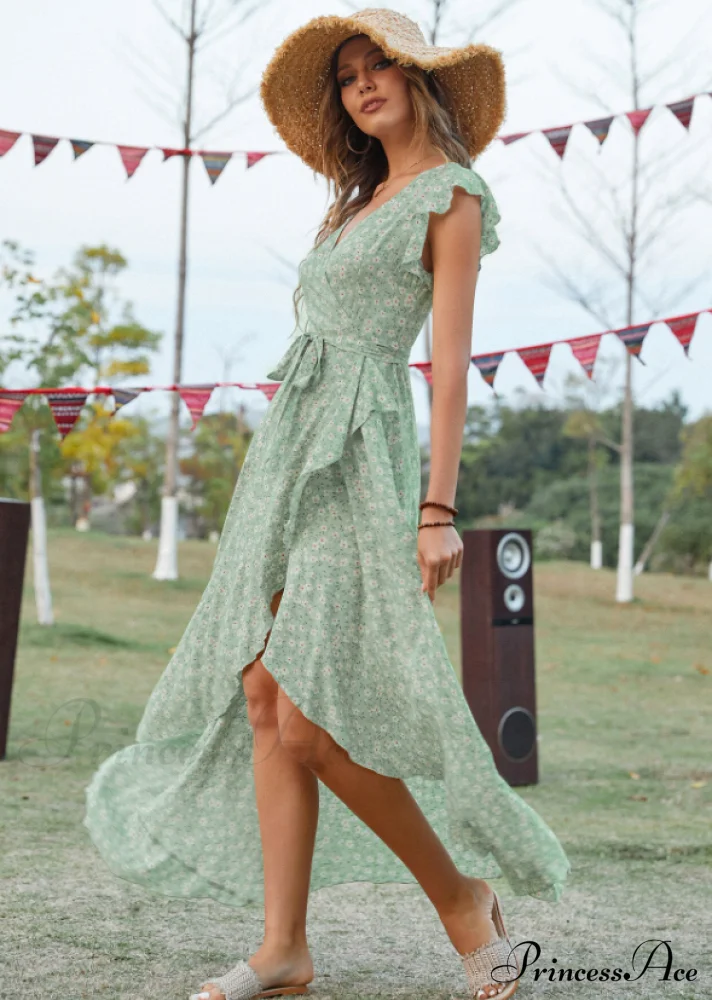 Lotus V-Neck Warm-Season Gown Coastal Low Sleeves Flowered High Straps Tank Foliage Dress - Image 2