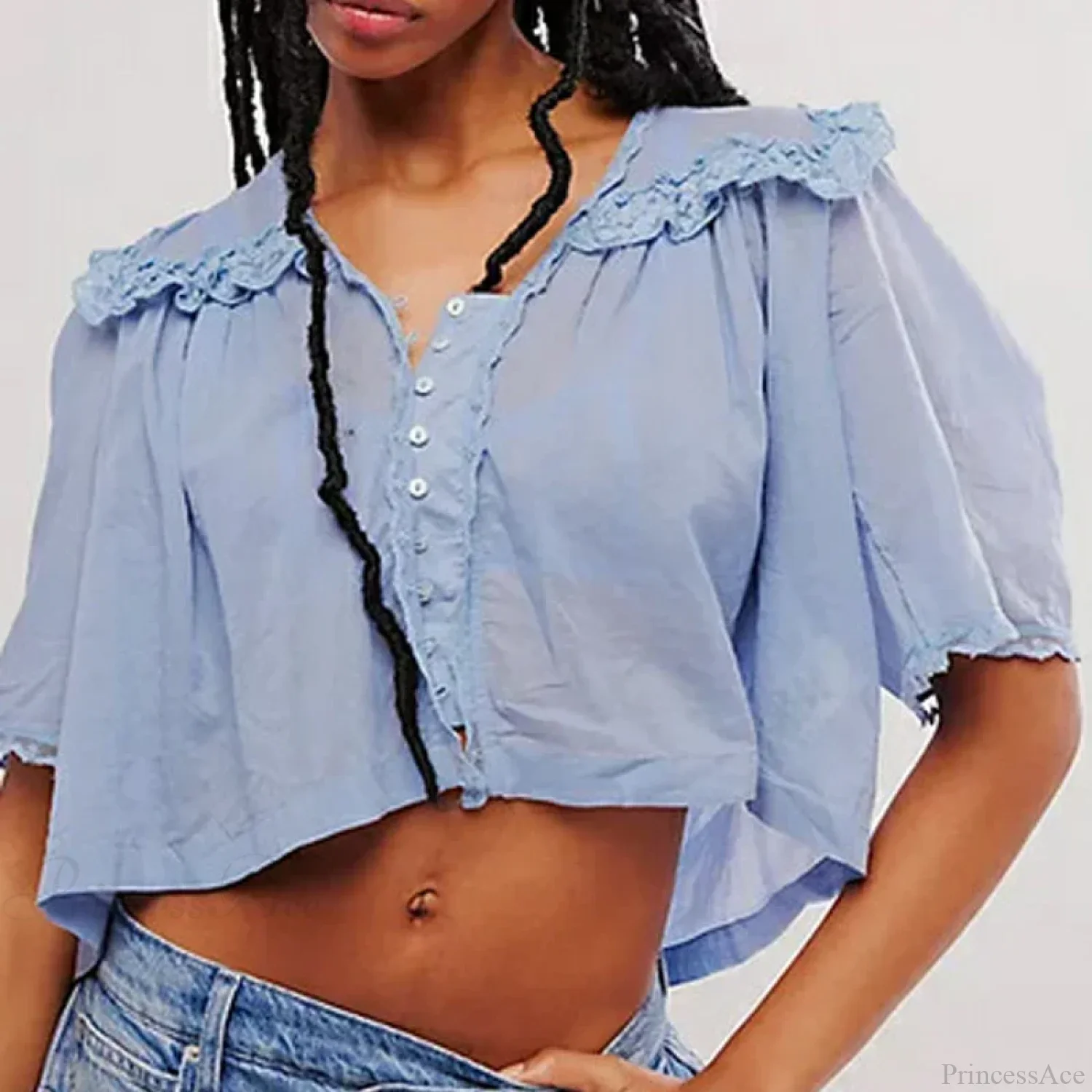 Low Cut Chiffon Ruffle Lace Trim Blouse - Image 3
