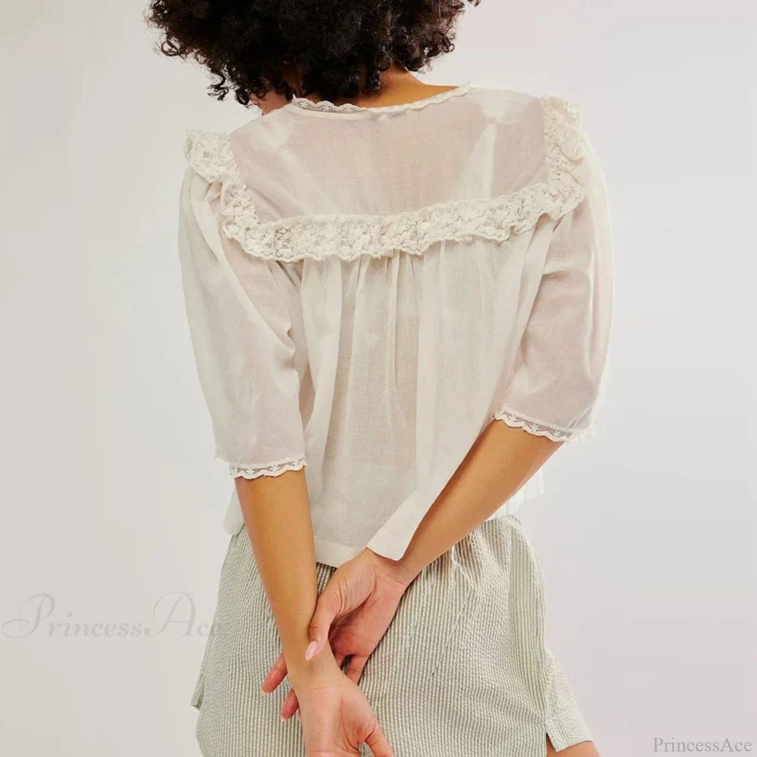 Low Cut Chiffon Ruffle Lace Trim Blouse - Image 6