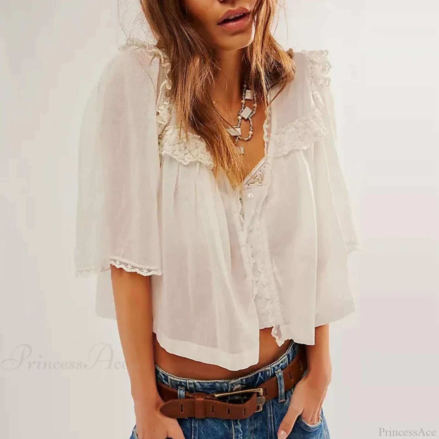 Low Cut Chiffon Ruffle Lace Trim Blouse - Image 8