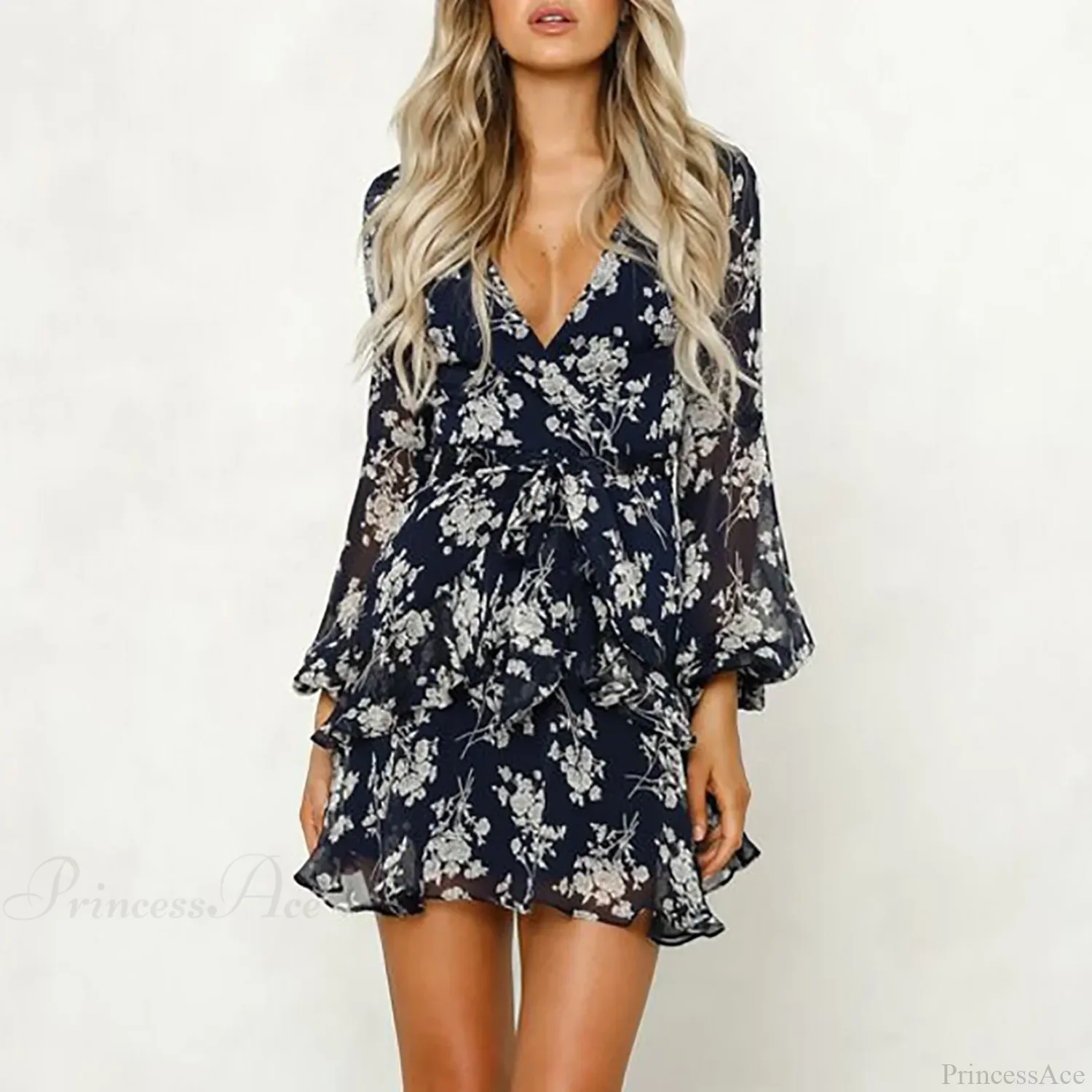 Low Cut V-Neck Bohemian Lace-Up Floral Dress - Image 5