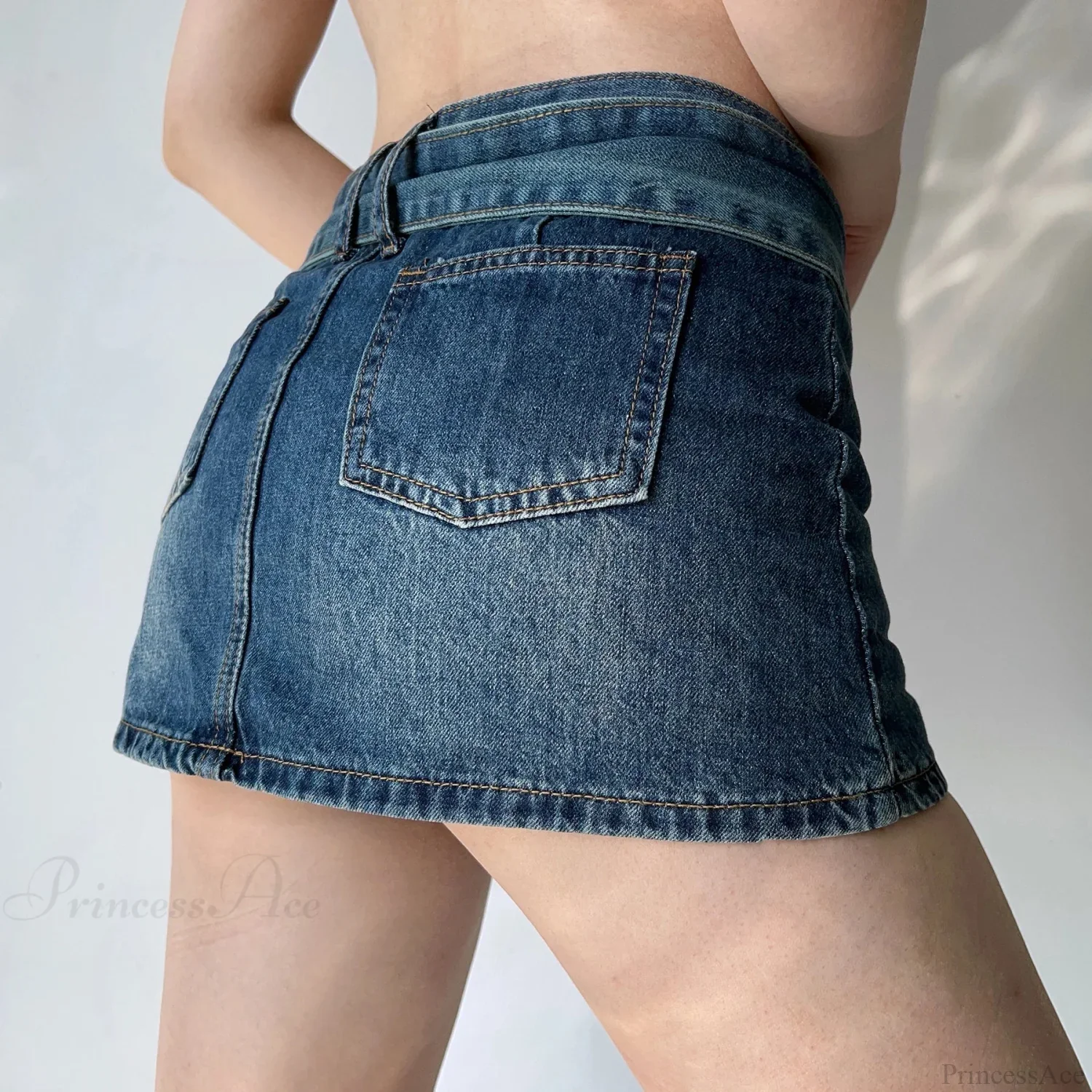 Low-Rise Distressed Blue Denim Skirt - Image 3