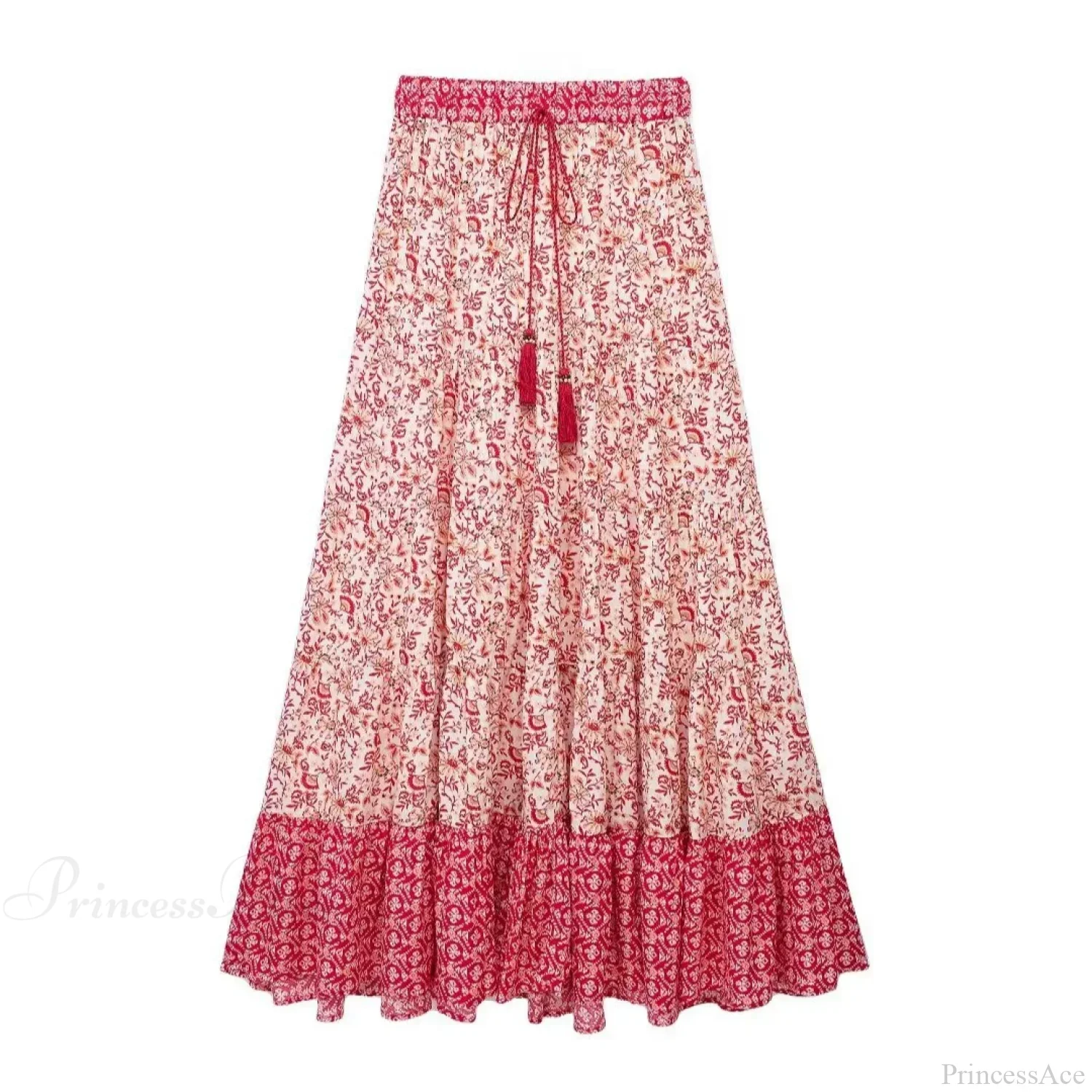 Low Waist A-line Beach Skirt Floral Red Maxi Ruffled Holiday - Image 3