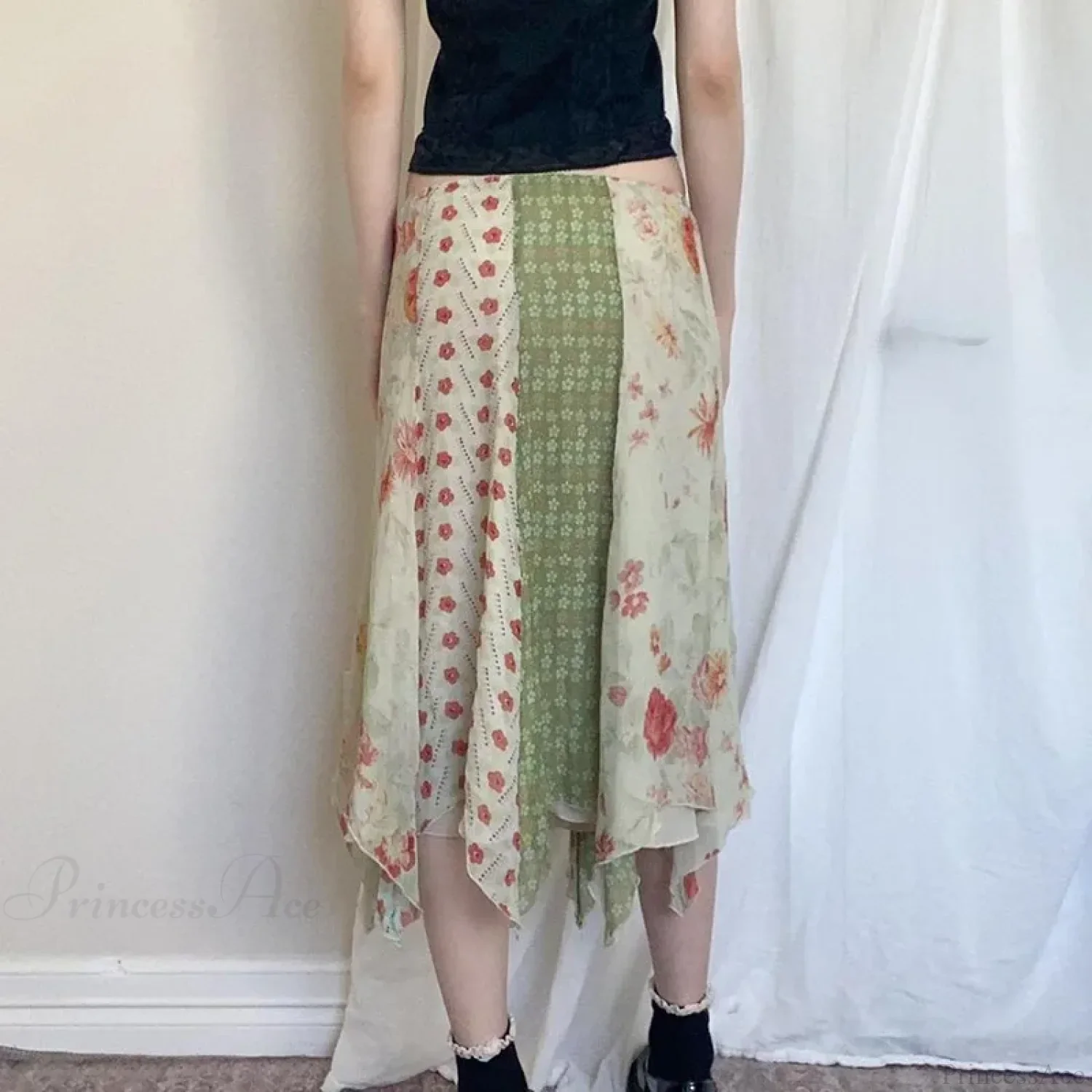 Low Waist Boho Skirts Irregular Length Floral Chiffon Vacation - Image 3