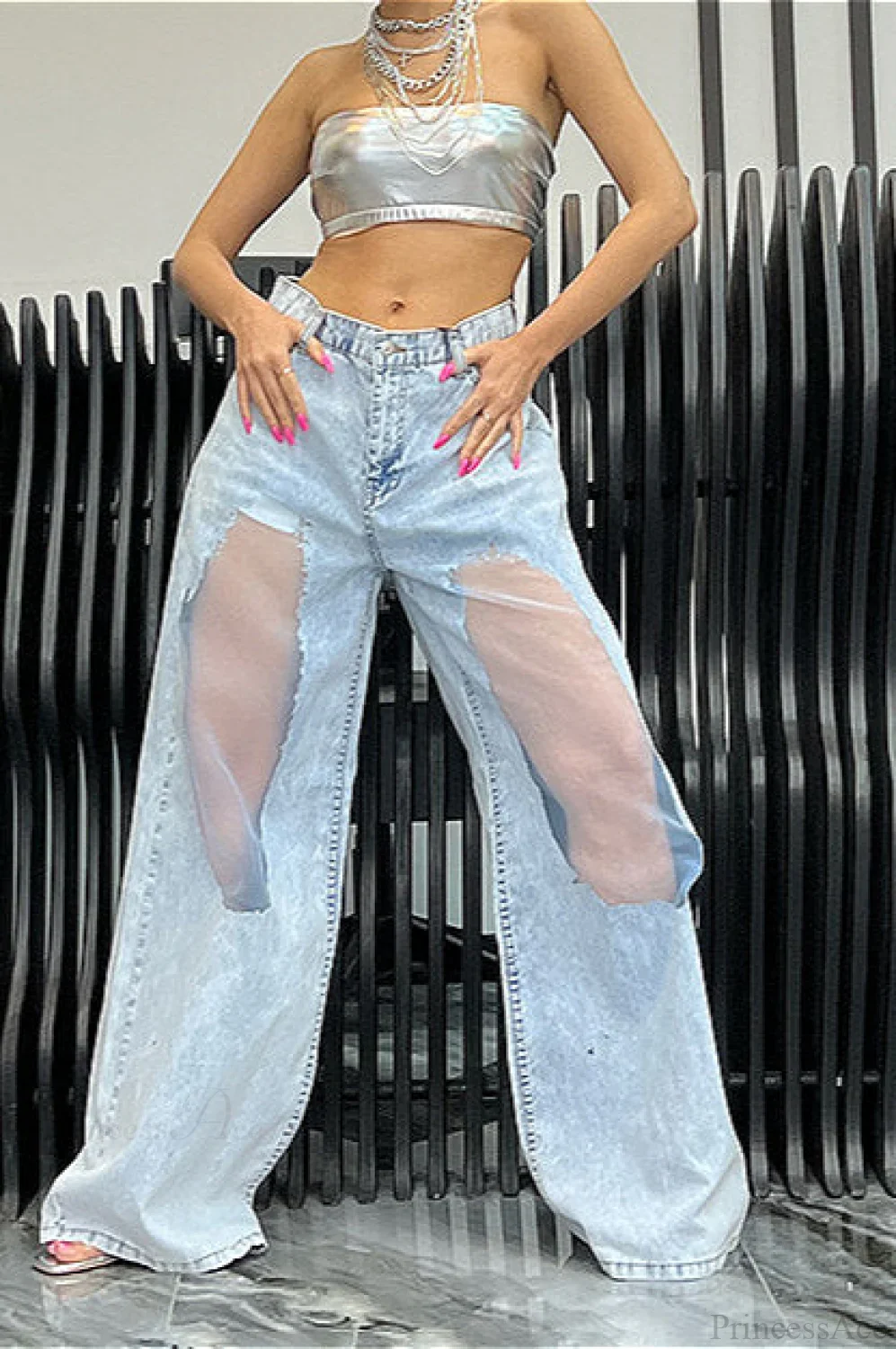 Low Waist Ripped Mesh Panel Wide Leg Jeans - Image 2