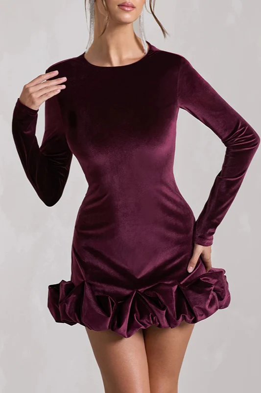 Luxe Velvet Crew Neck Pleated Long Sleeve Mini Dress - Image 4