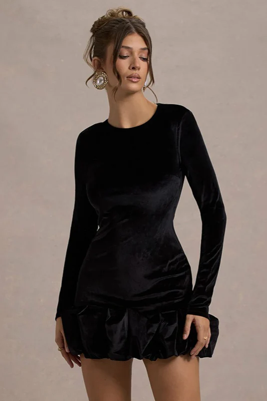 Luxe Velvet Crew Neck Pleated Long Sleeve Mini Dress - Image 6