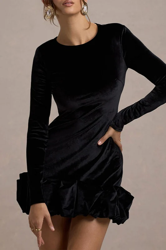 Luxe Velvet Crew Neck Pleated Long Sleeve Mini Dress - Image 7