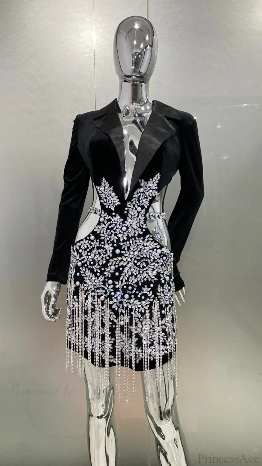 Luxury Diamonds Tassel Sexy Hollow Notched Black Mini Dress Evening Party Dress - Image 3