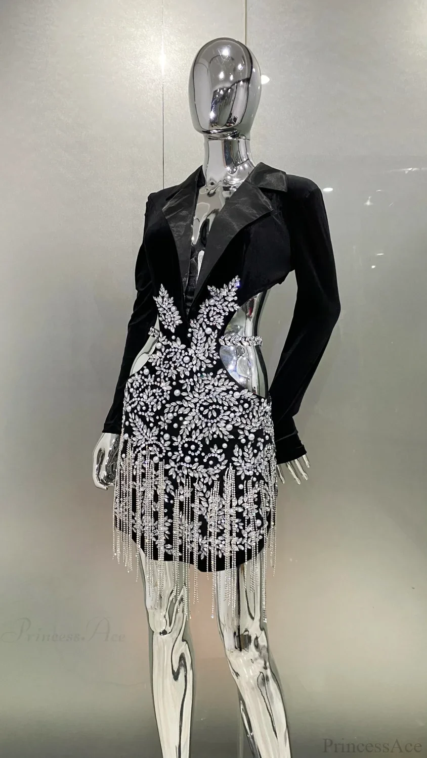 Luxury Diamonds Tassel Sexy Hollow Notched Black Mini Dress Evening Party Dress - Image 4