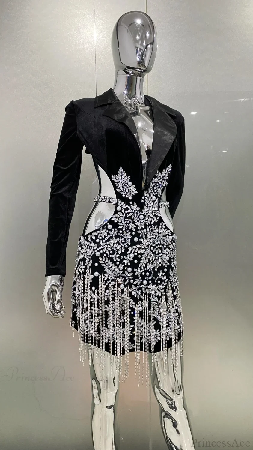 Luxury Diamonds Tassel Sexy Hollow Notched Black Mini Dress Evening Party Dress - Image 5