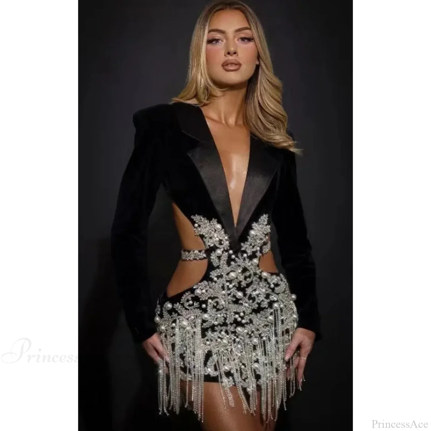 Luxury Diamonds Tassel Sexy Hollow Notched Black Mini Dress Evening Party Party Dress