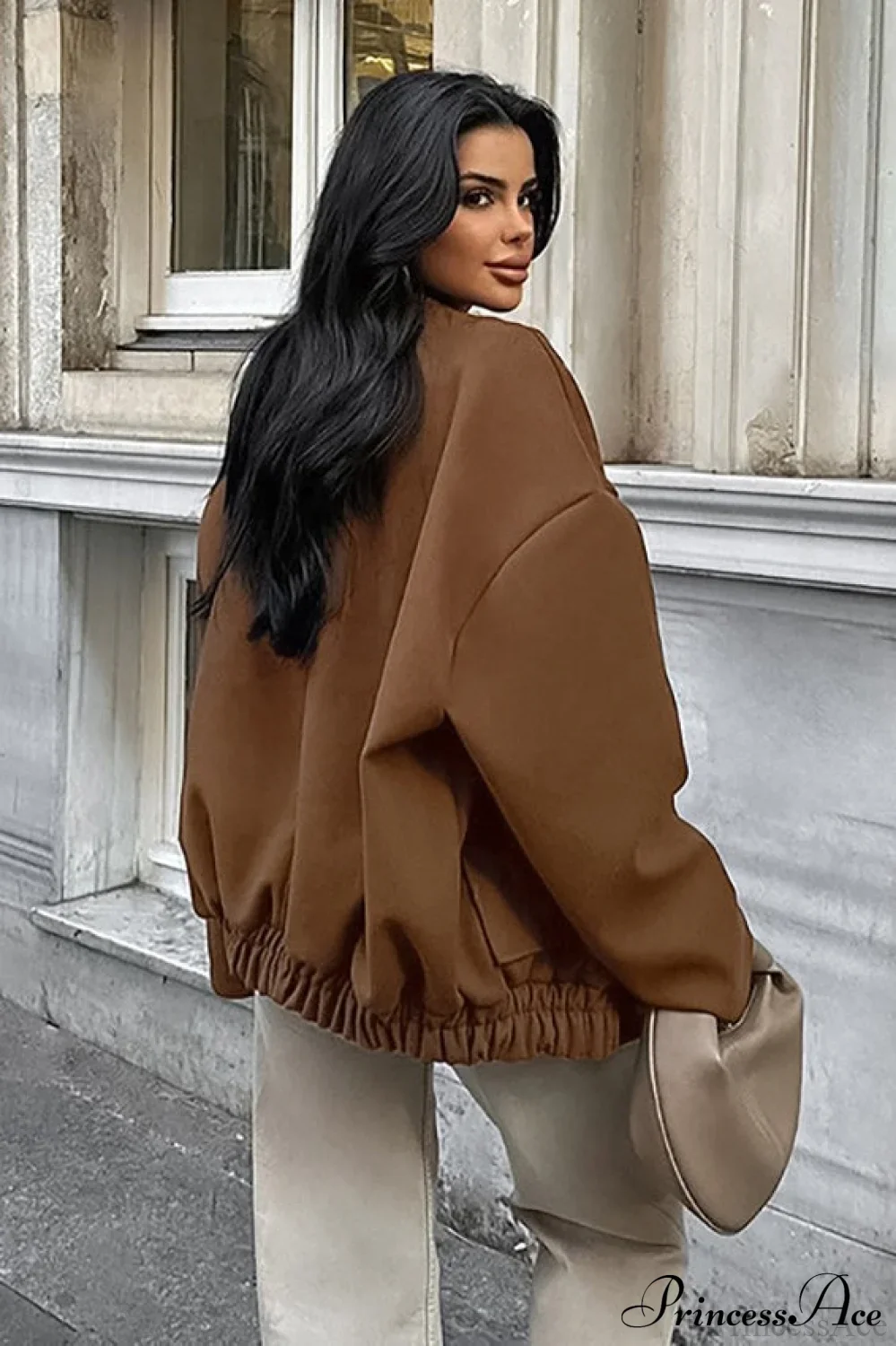 Maillard Brown Thickened Mid-Length Stand-Collar Woolen Jacket - Image 4