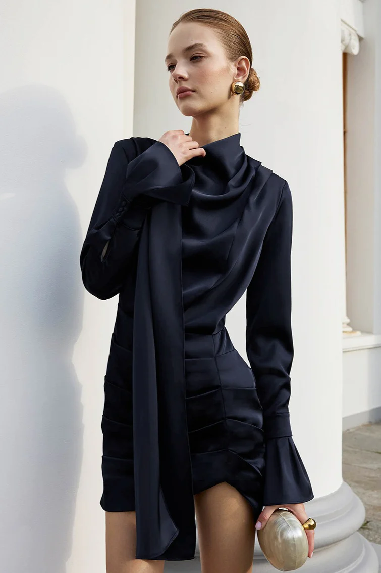 Matte Satin Bell Sleeve Stand Collar Elegant Mini Dress - Image 2