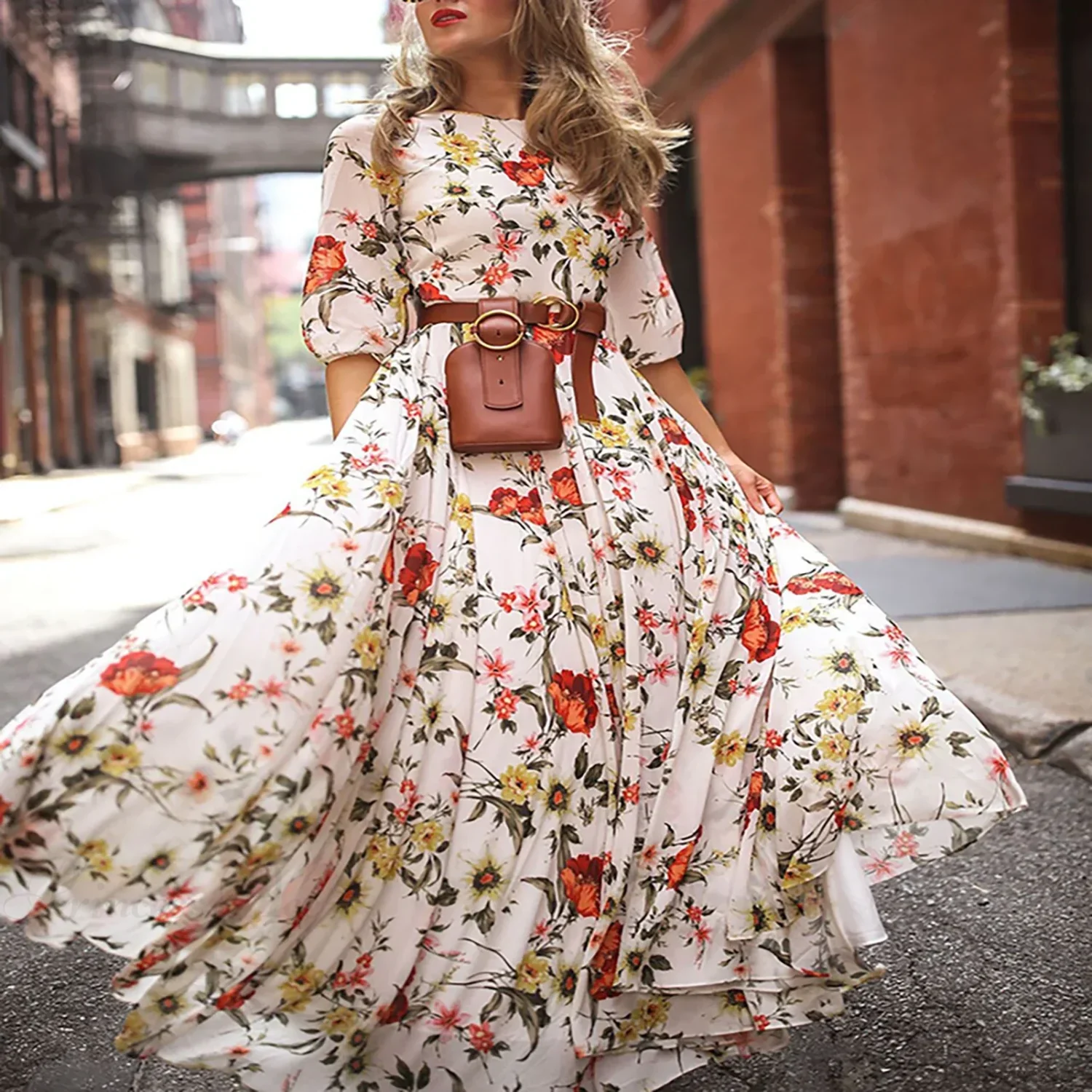Maxi Dress Flower Print Pleated Swing Evening Dress - Image 7