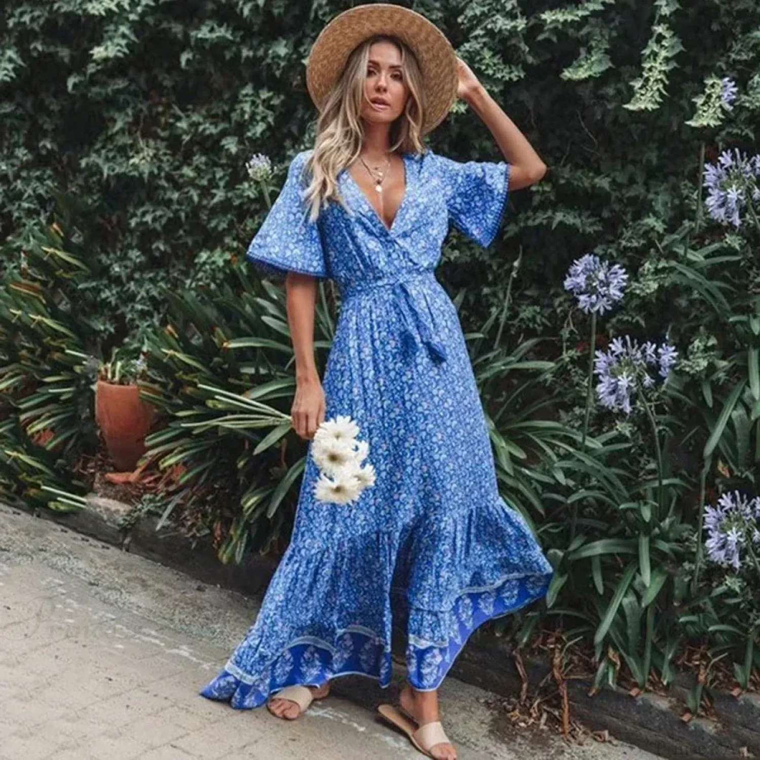 Maxi Dresses for Women Cotton Rayon Blue Floral Print Deep V-neck Boho Summer Dress - Image 2