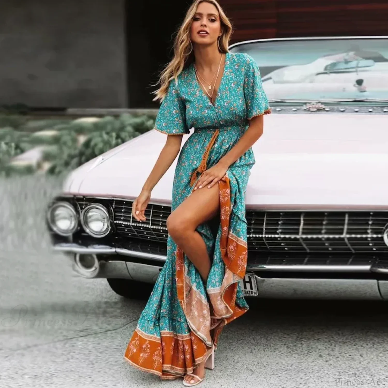 Maxi Dresses for Women Cotton Rayon Blue Floral Print Deep V-neck Boho Summer Dress - Image 4