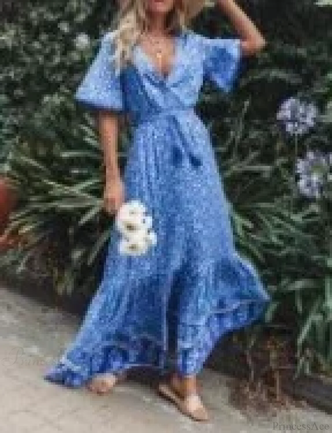 Maxi Dresses for Women Cotton Rayon Blue Floral Print Deep V-neck Boho Summer Dress - Image 5