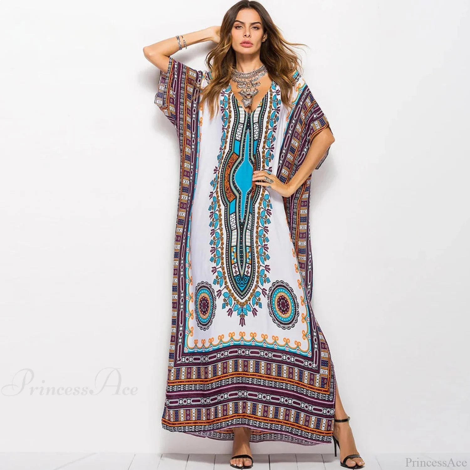 Maxi Kaftan Dress Rayon Ethnic Floral Print Beach Sundress - Image 4