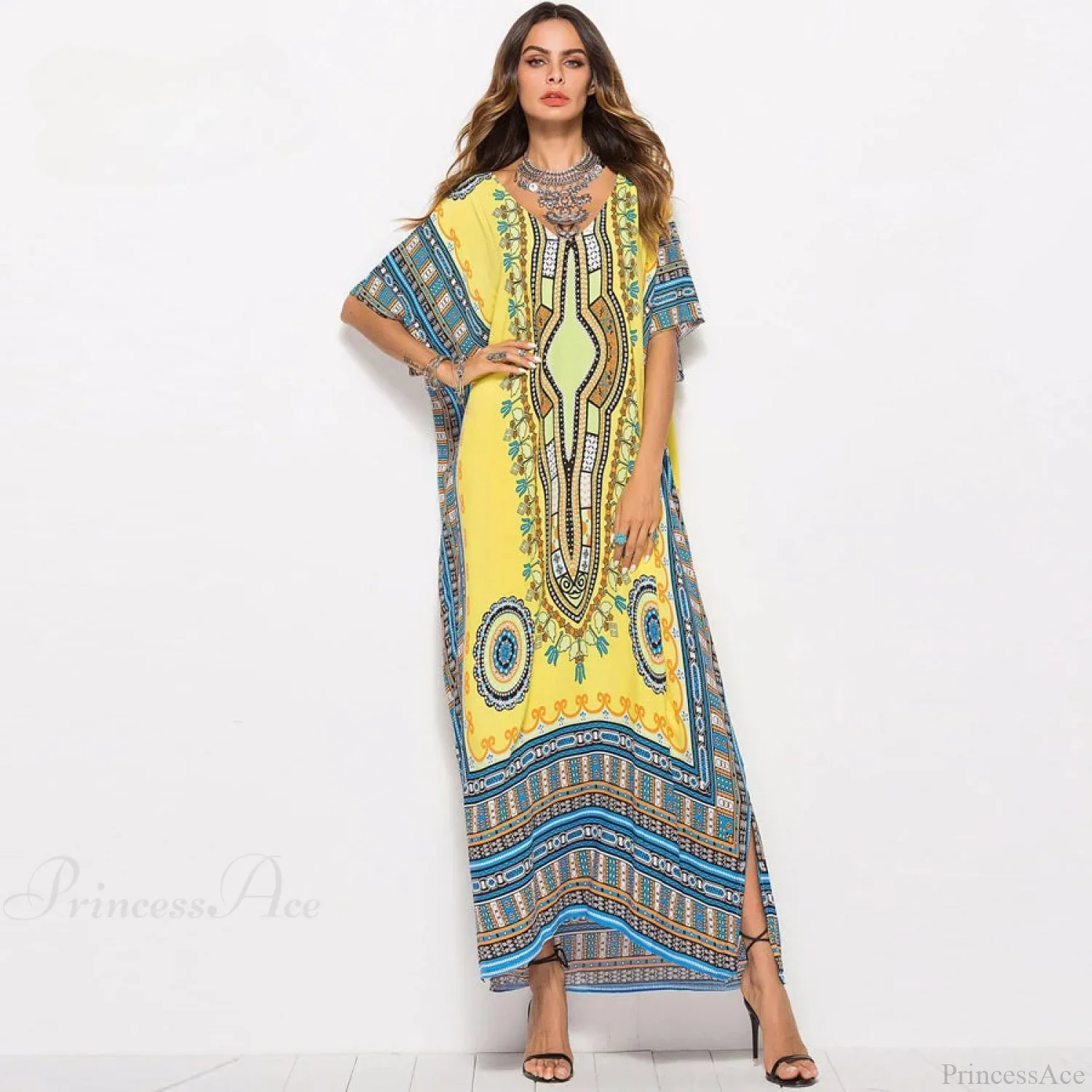 Maxi Kaftan Dress Rayon Ethnic Floral Print Beach Sundress - Image 6