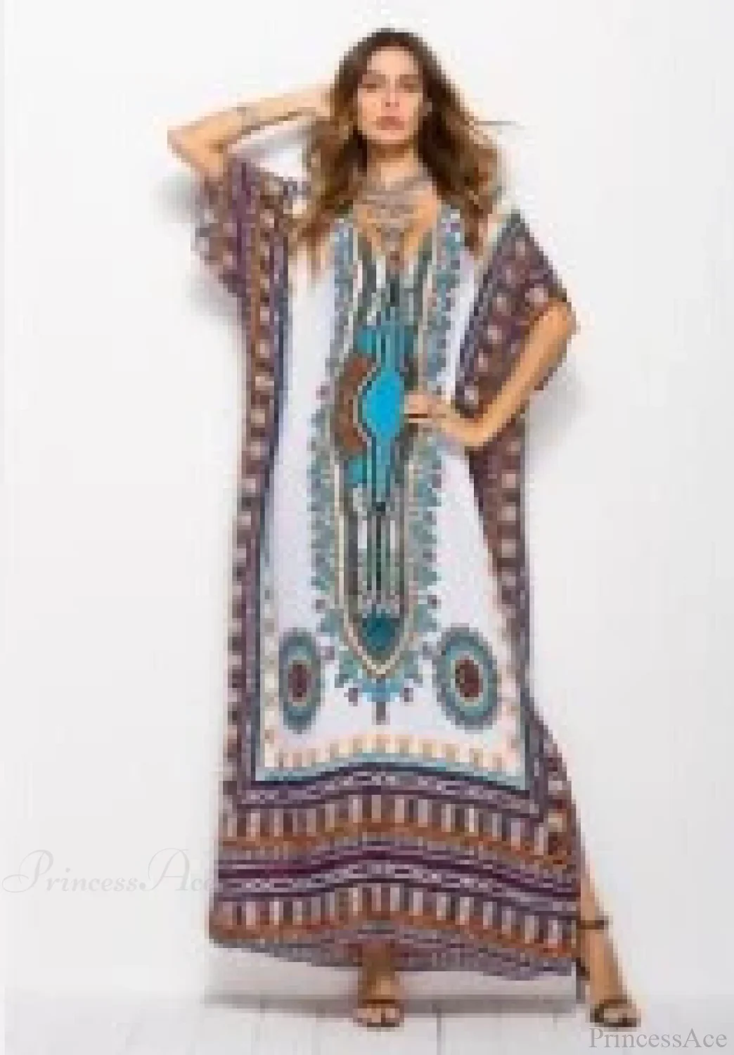 Maxi Kaftan Dress Rayon Ethnic Floral Print Beach Sundress - Image 7