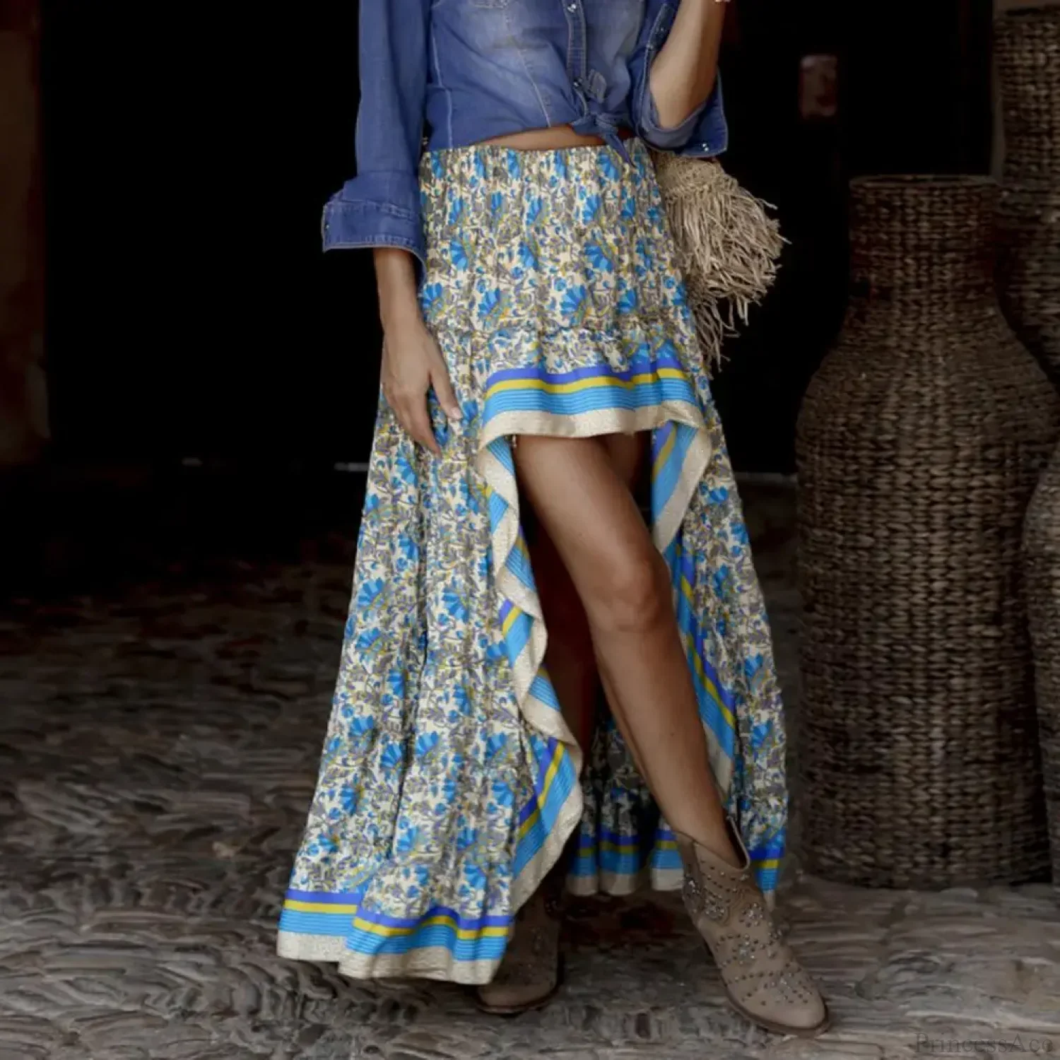 Maxi Skirt High Waist Irregular Hem Flower Print Bohemian - Image 2