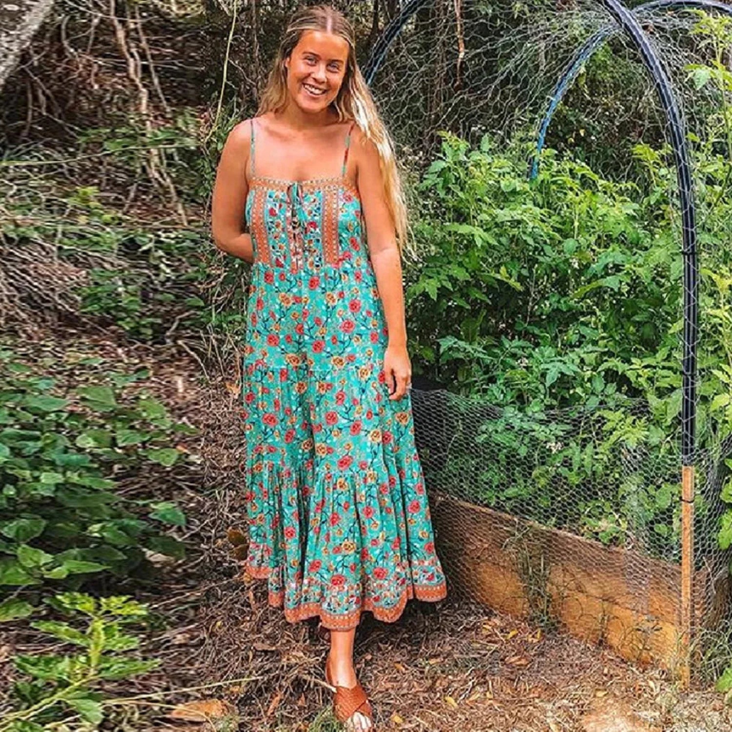 Maxi Strap Dress Green Rayon Floral Print Gypsy Summer Dress - Image 3