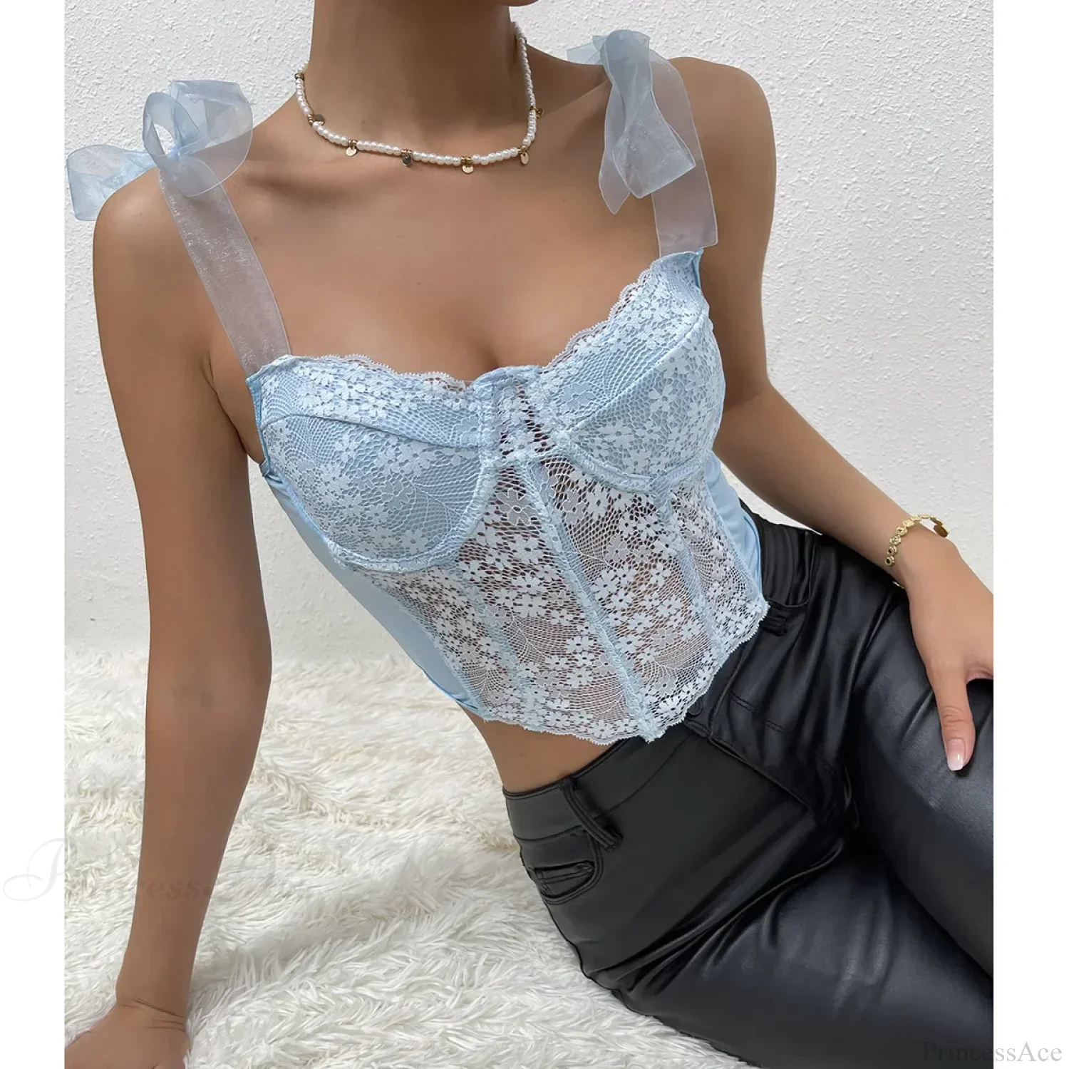 Mesh Bow Floral Corset Fishbone Crop Top - Image 3