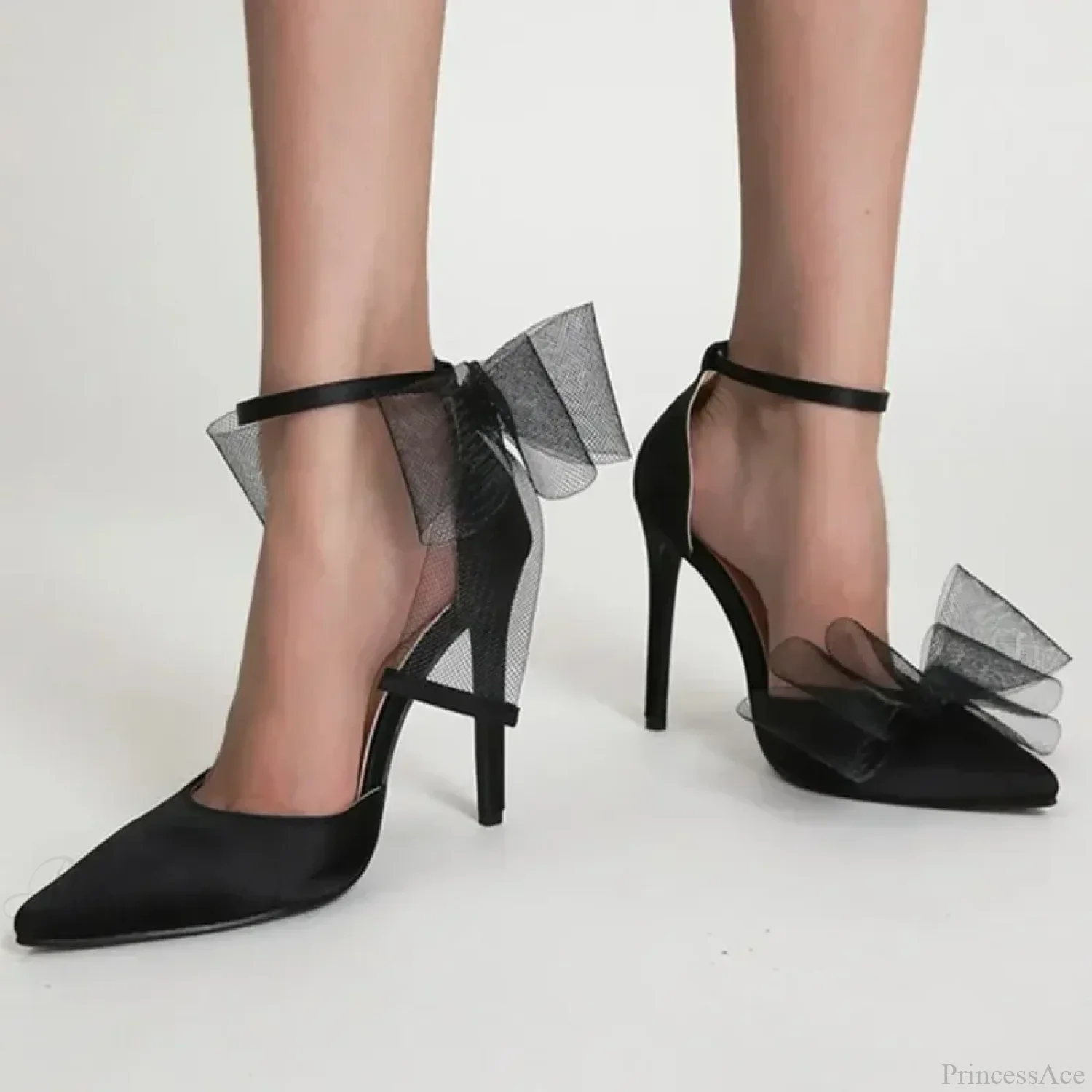Mesh Butterfly-Knot Pumps PointedBuckle Strap Cover Heel Thin High Heels Sexy Stiletto Wedding High Heel - Image 3