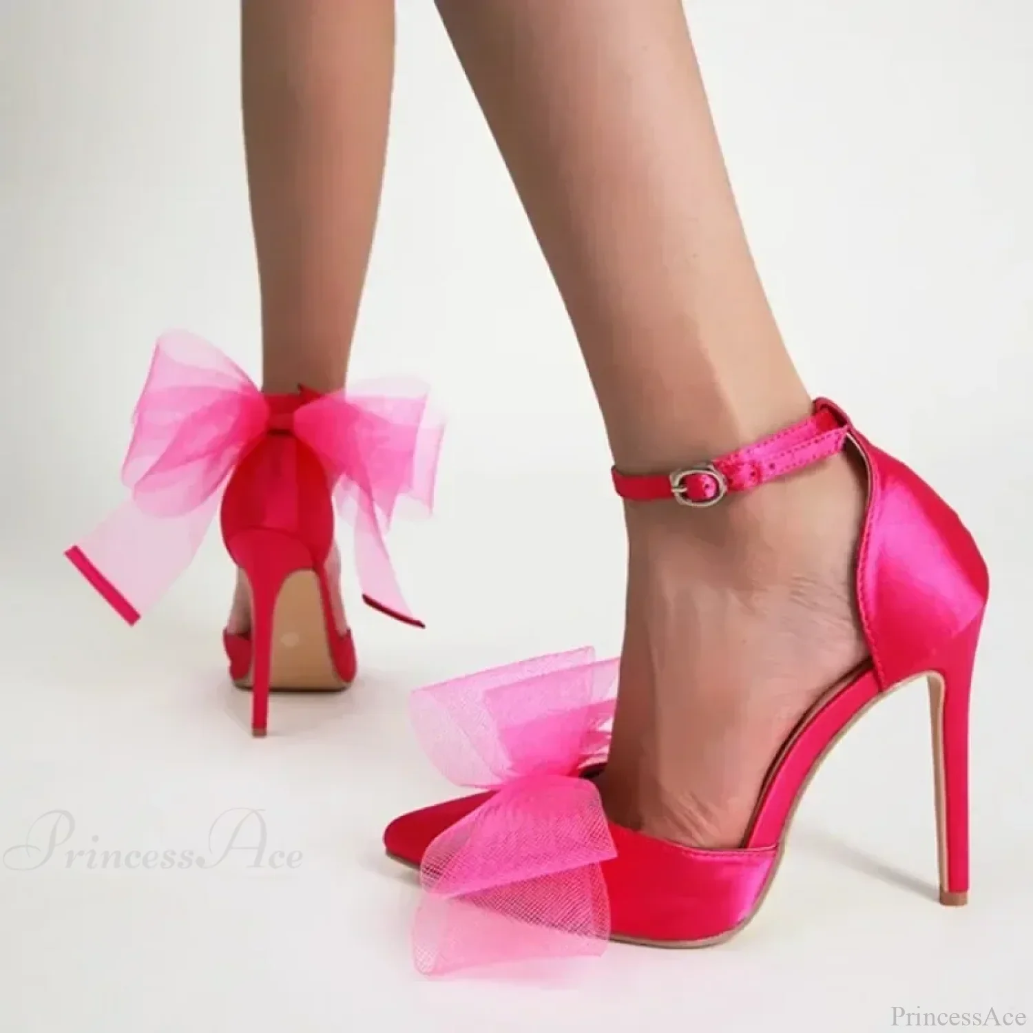 Mesh Butterfly-Knot Pumps PointedBuckle Strap Cover Heel Thin High Heels Sexy Stiletto Wedding High Heel - Image 4