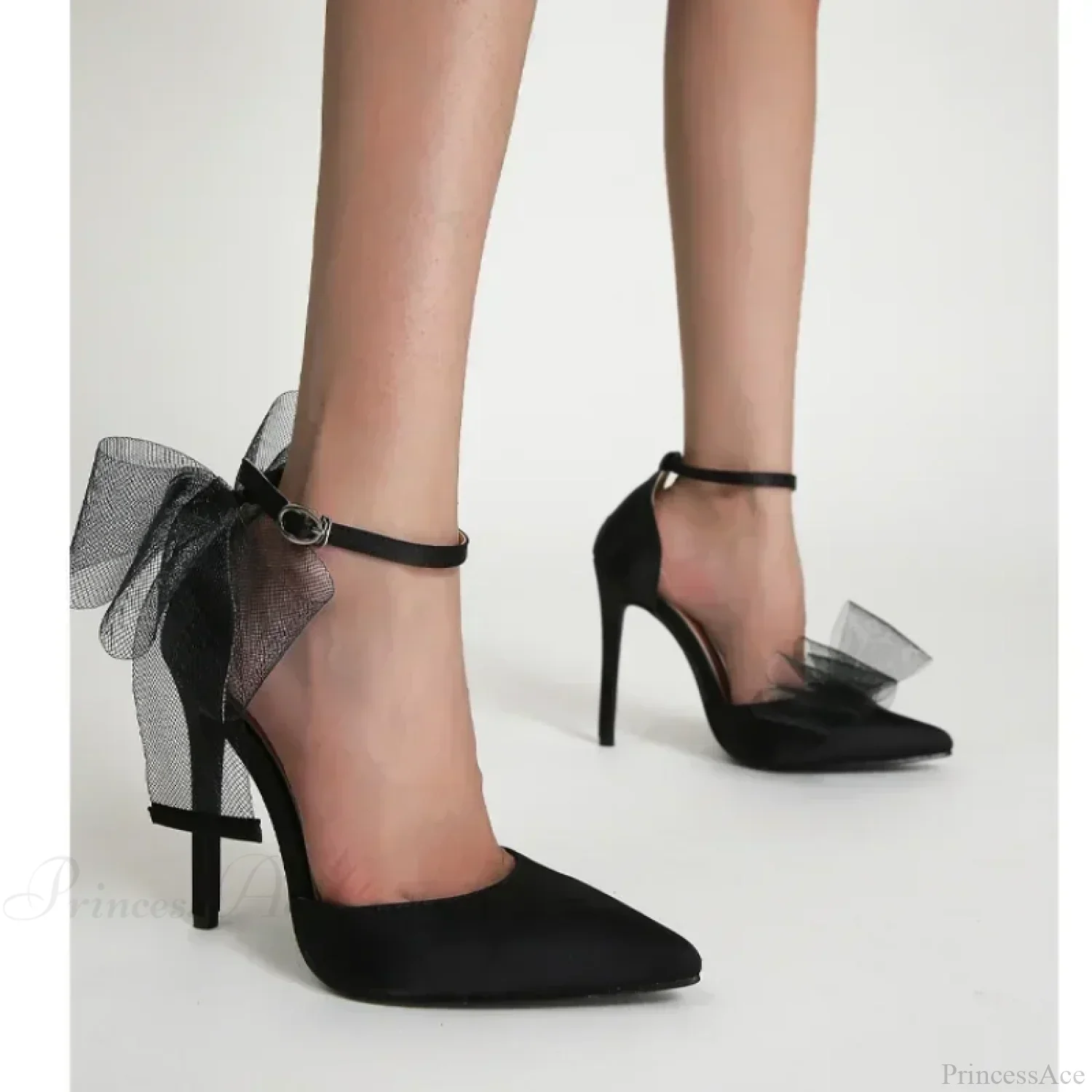 Mesh Butterfly-Knot Pumps PointedBuckle Strap Cover Heel Thin High Heels Sexy Stiletto Wedding High Heel - Image 5