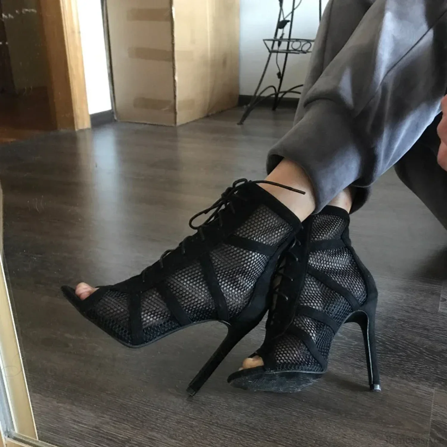 Mesh Hollow Lace-Up Sexy Cross-Tie Thin High Sandals Platform Dance High Heel - Image 2