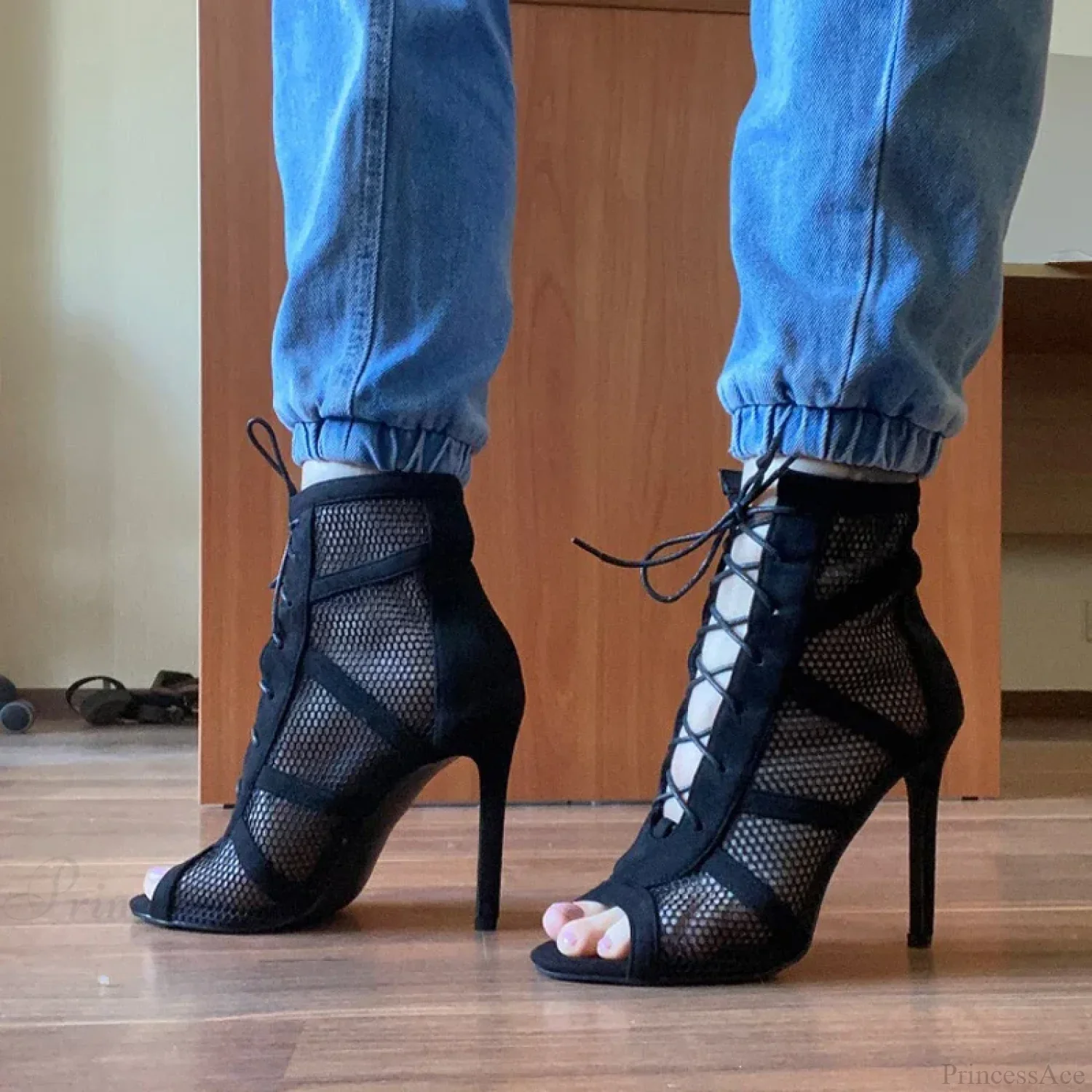 Mesh Hollow Lace-Up Sexy Cross-Tie Thin High Sandals Platform Dance High Heel - Image 3