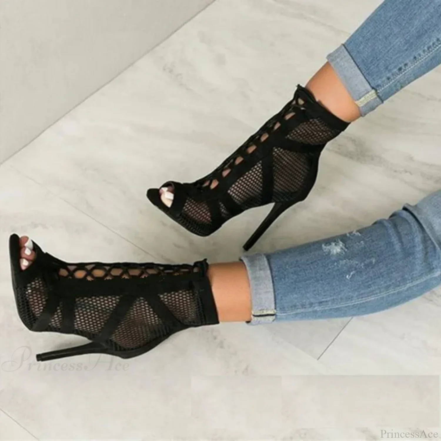 Mesh Hollow Lace-Up Sexy Cross-Tie Thin High Sandals Platform Dance High Heel - Image 4