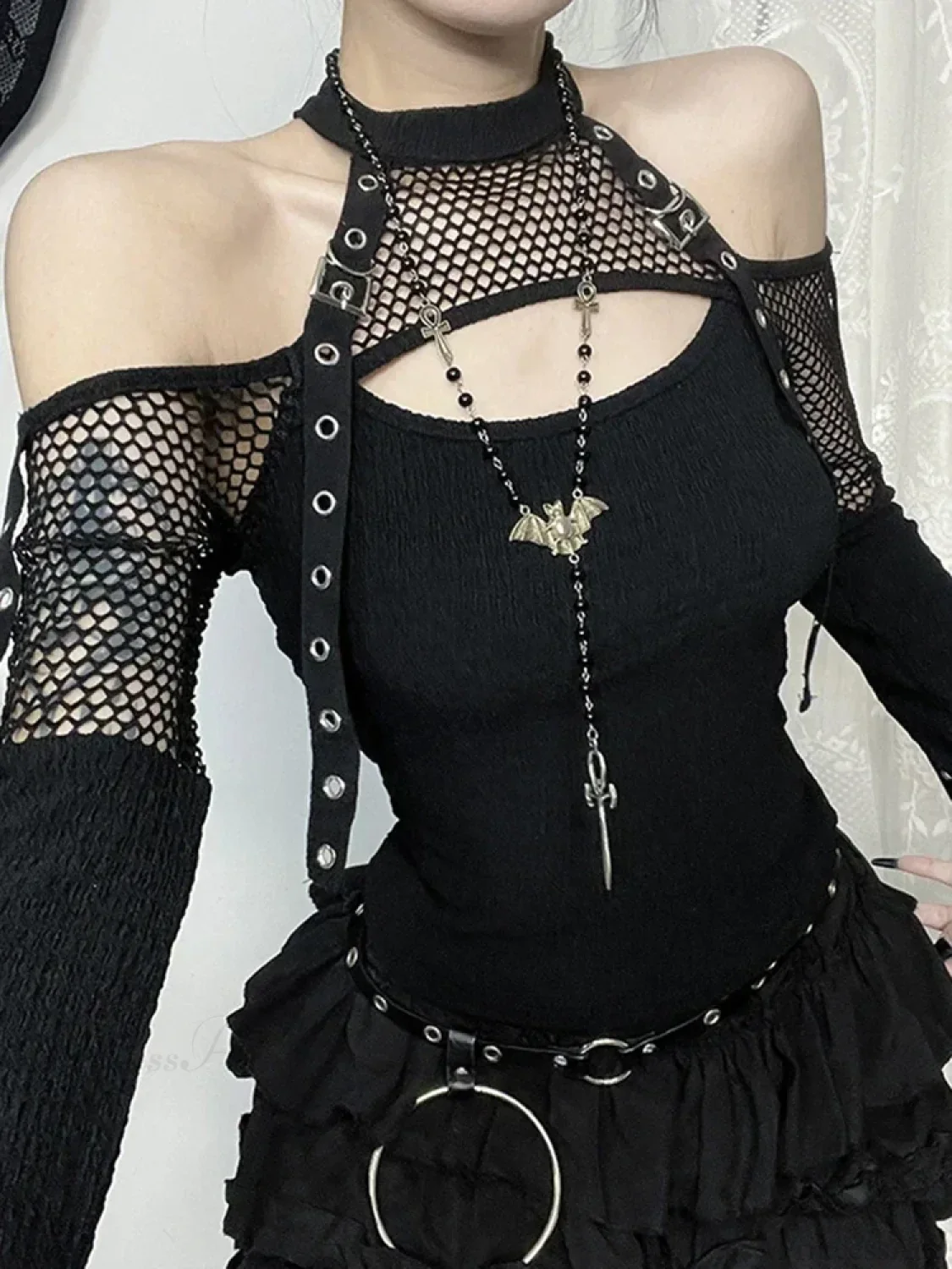 Mesh Hollow Sleeve Knit Top