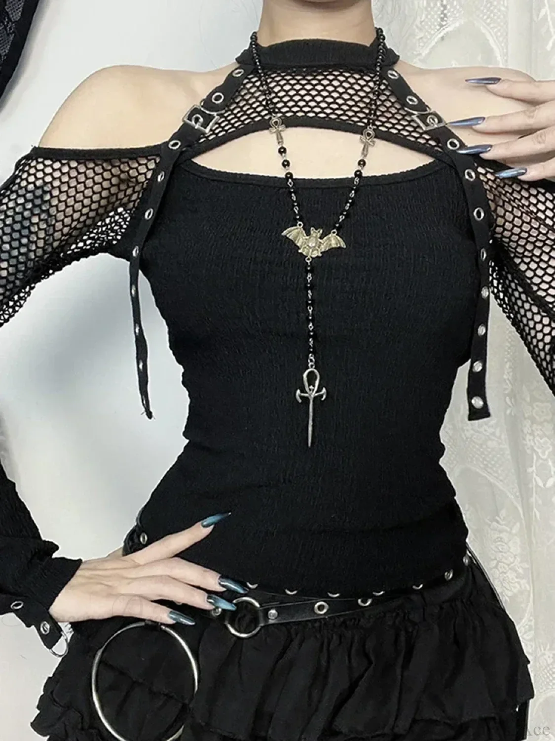 Mesh Hollow Sleeve Knit Top - Image 2