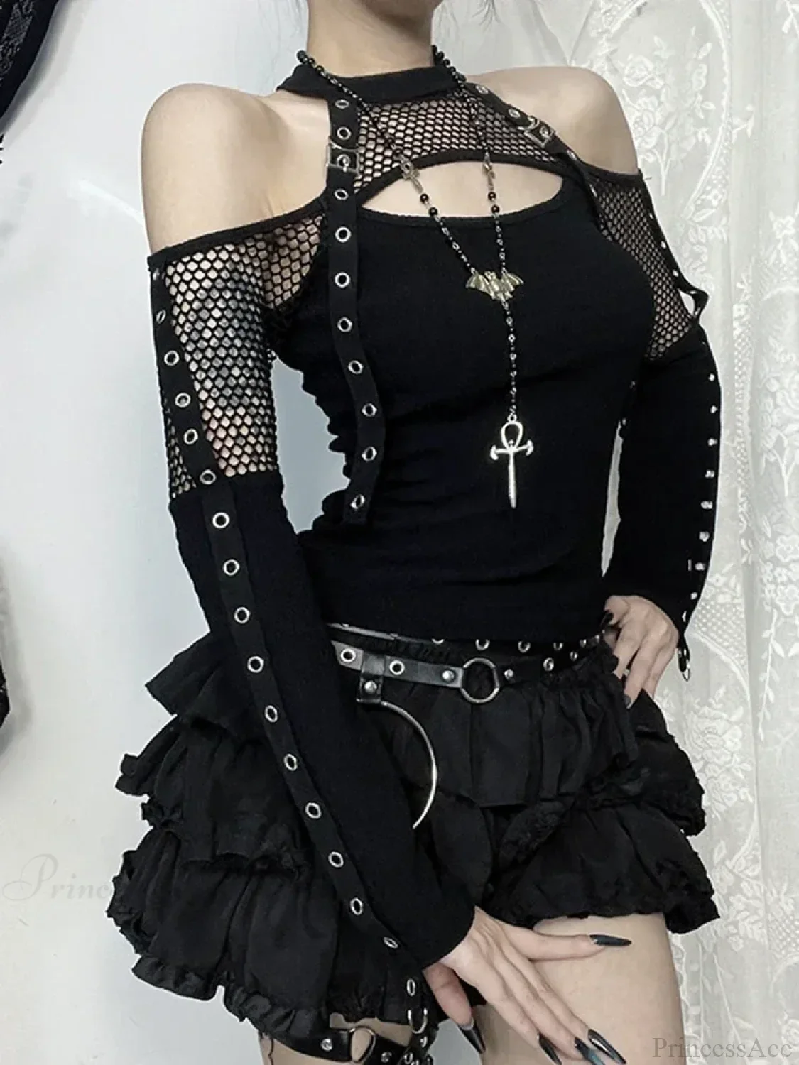 Mesh Hollow Sleeve Knit Top - Image 5