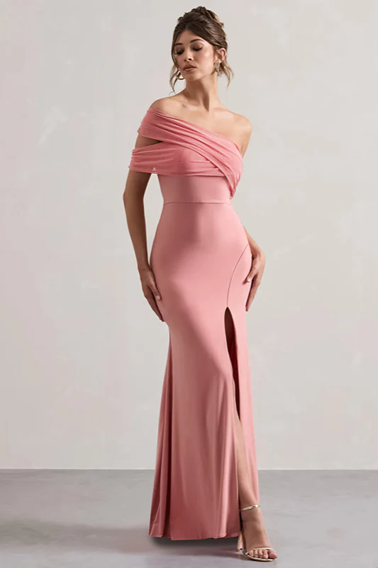 Mesh Panel Off-Shoulder Split Bodycon Party Dress - Image 6