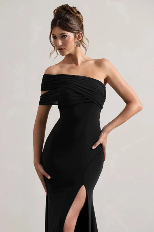 Mesh Panel Off-Shoulder Split Bodycon Party Dress - Image 9