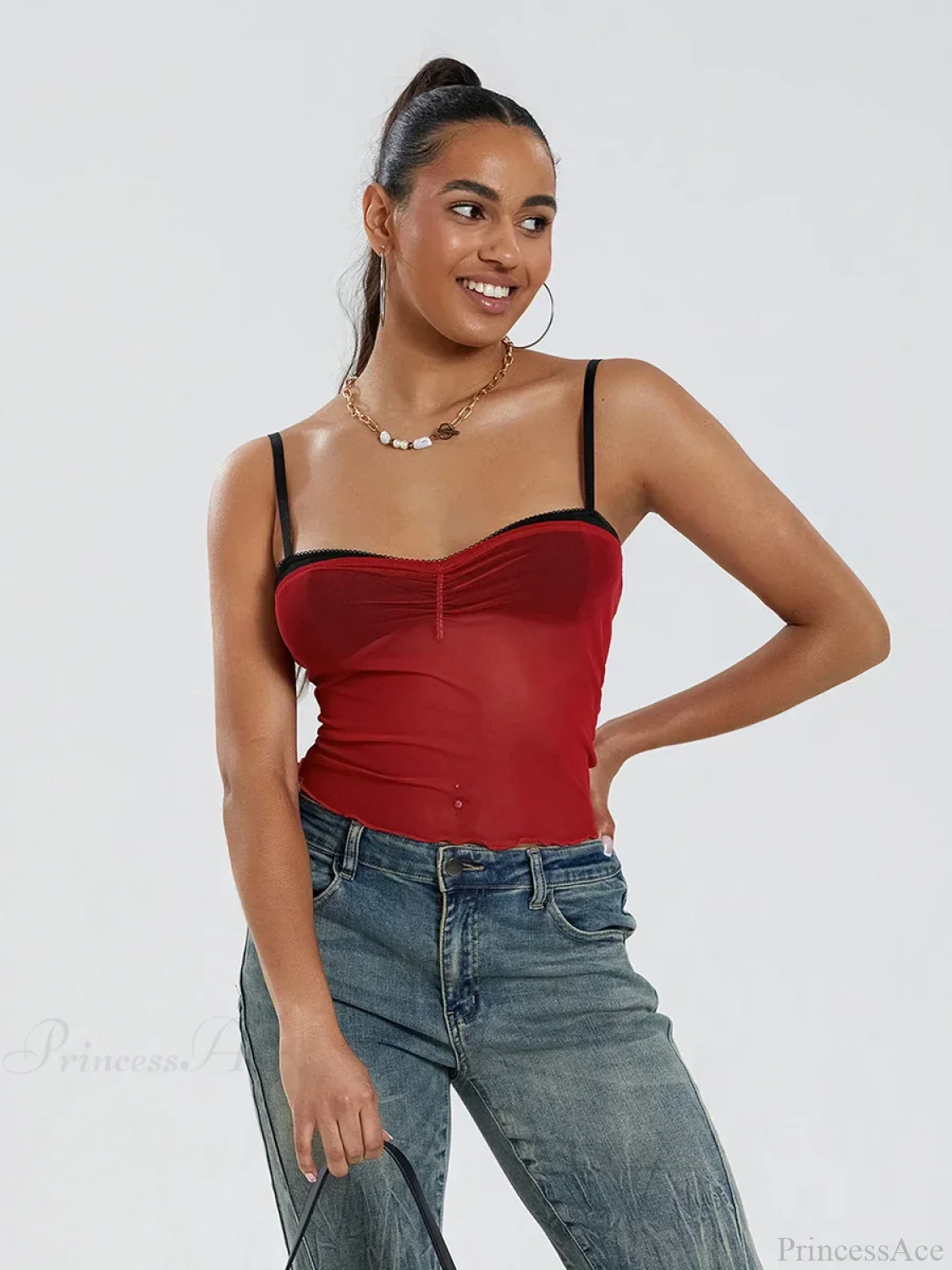 Mesh Ruched Color Patch Spaghetti Strap Crop Top - Image 10