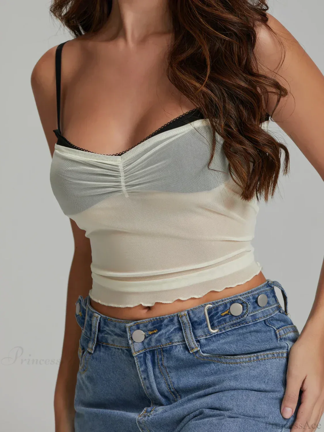 Mesh Ruched Color Patch Spaghetti Strap Crop Top - Image 4