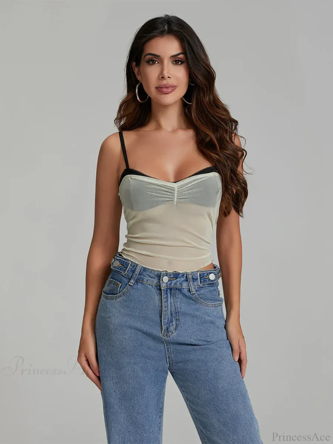 Mesh Ruched Color Patch Spaghetti Strap Crop Top - Image 8